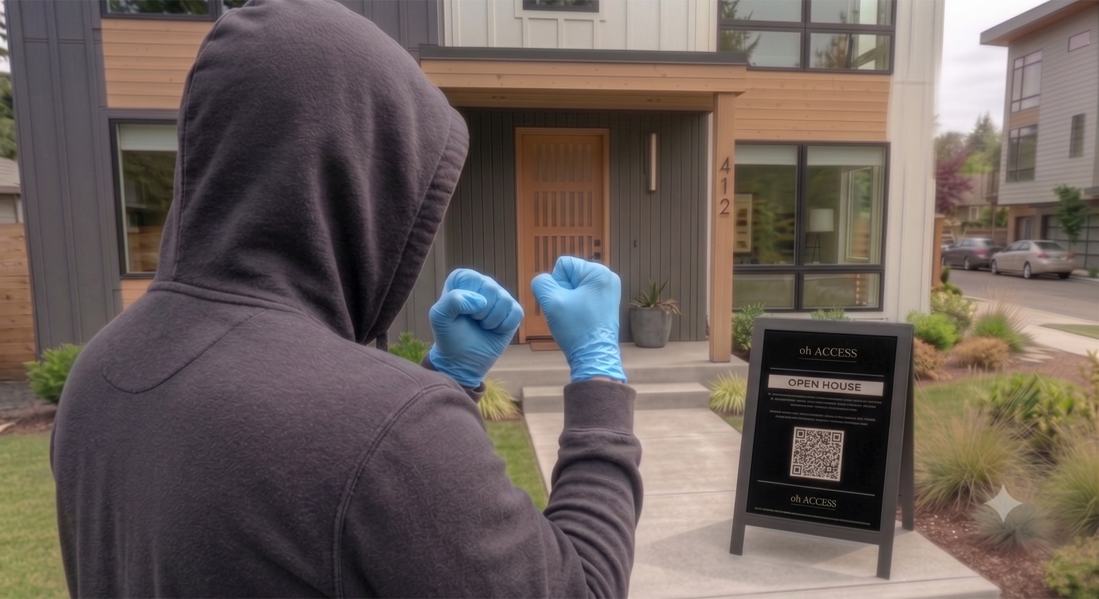A hooded figure reconsidering at the ohACCESS verification sign outside an open house