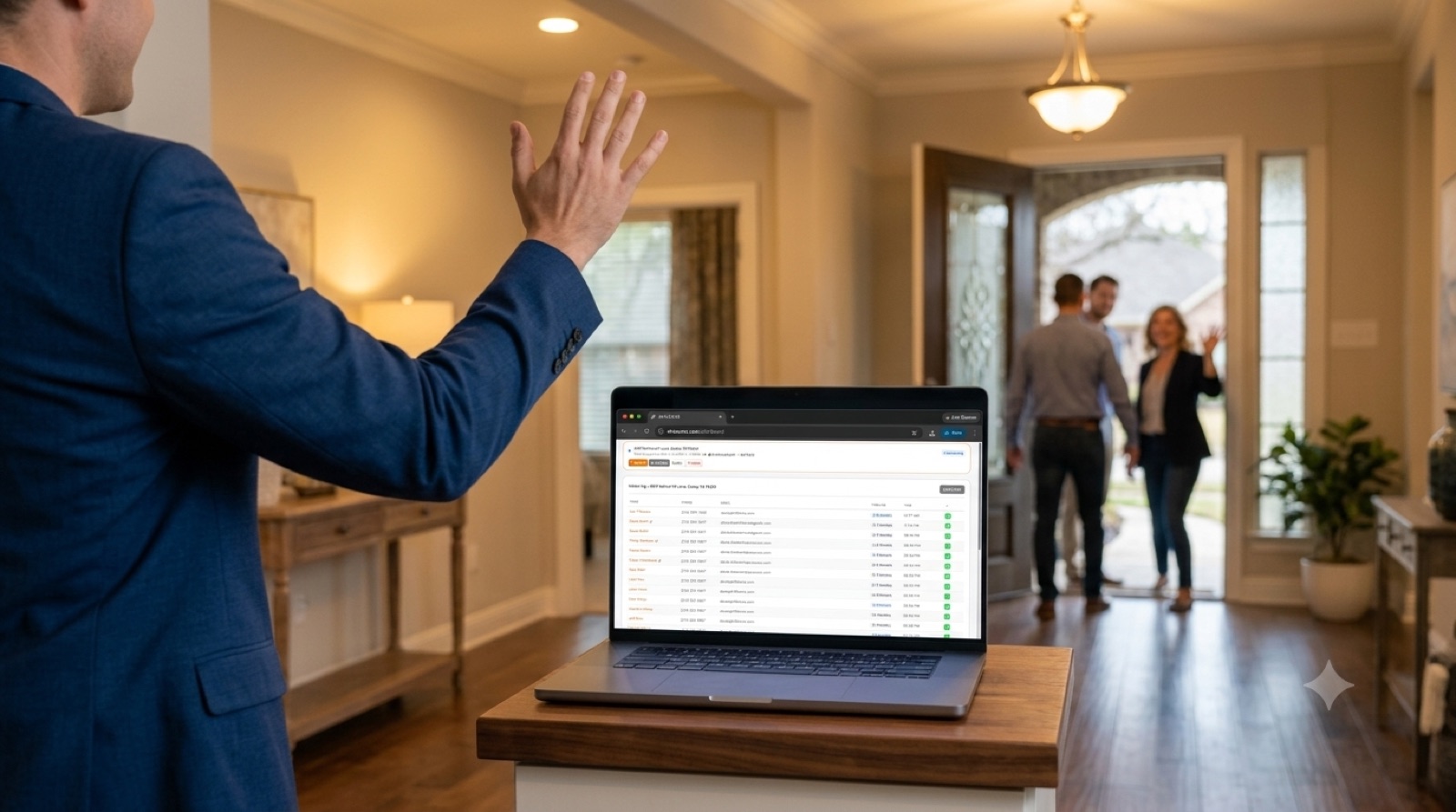 Agent waving goodbye to happy open-house visitors while the ohACCESS dashboard builds the visitor log