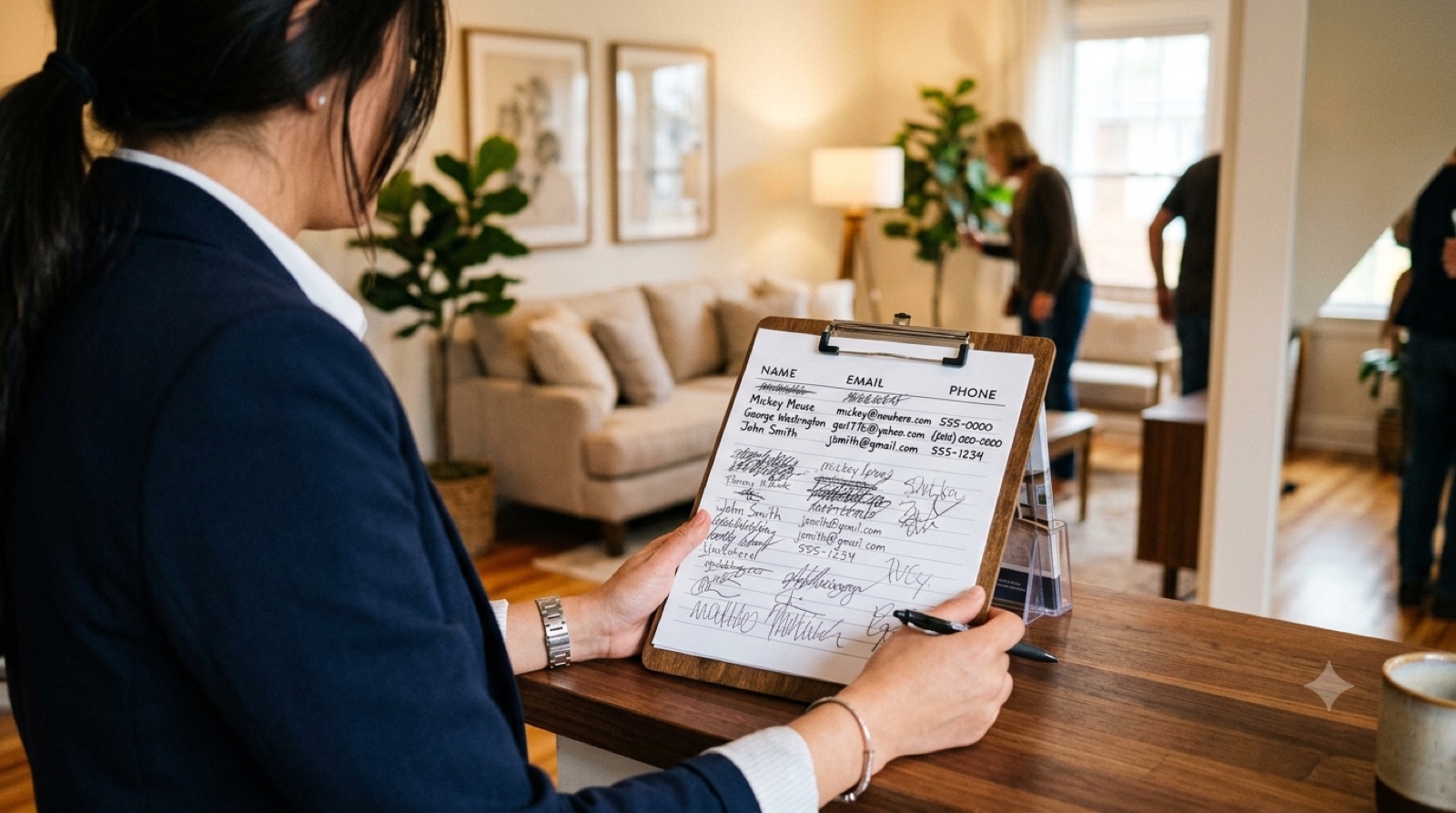 Agent deciphering a messy paper open-house sign-in sheet with illegible names and incomplete contact info