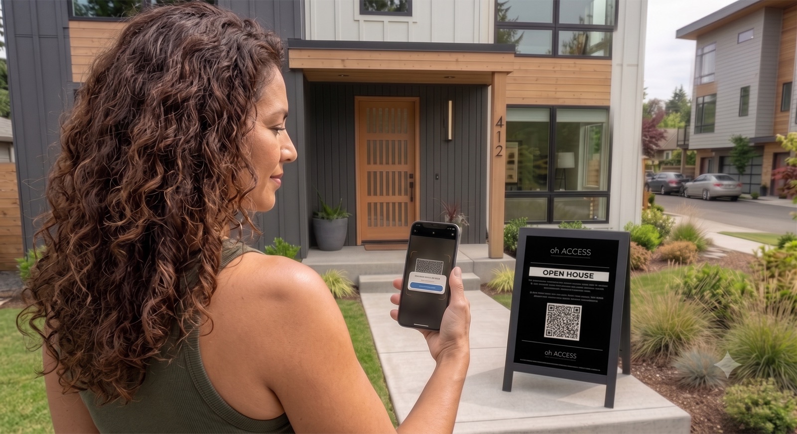 Visitor scanning the ohACCESS QR code sign with their phone before entering an open house