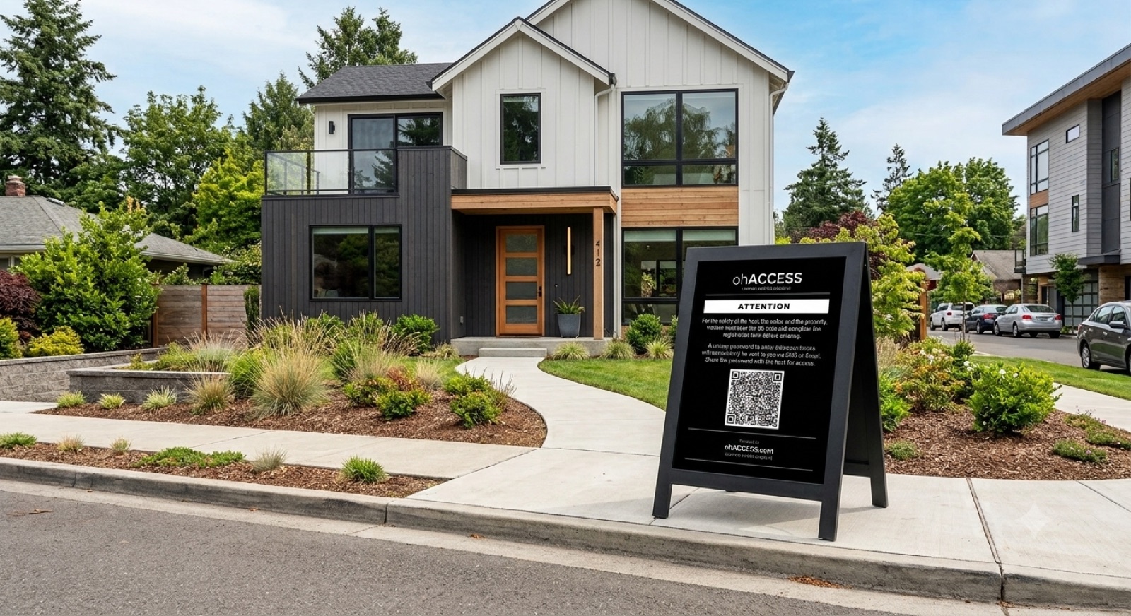 ohACCESS QR code sign standing in front of a home before an open house